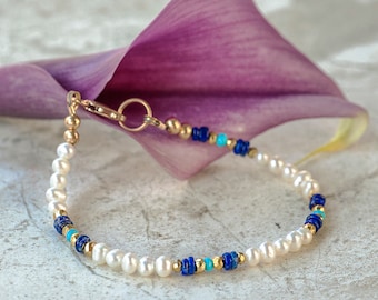 White Pearl Bracelet with Natural Lapis Lazuli, Genuine Turquoise, 14K Gold Filled Clasp