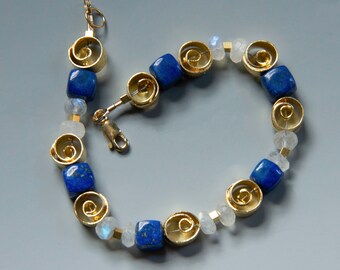 Lapis Lazuli Bracelet with Blue Flash Moonstones and 22K Gold Vermeil Swirl Beads