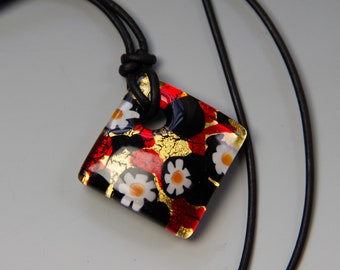 22K Gold Foil Murano Glass Black and Red Millefiori Pendant on Leather Cord