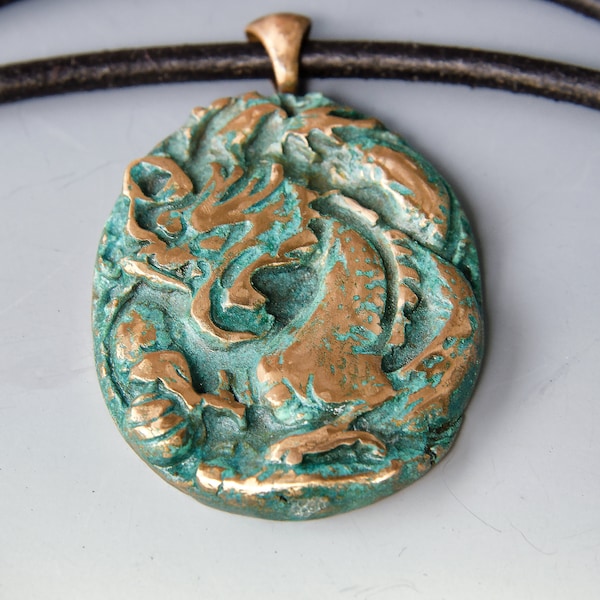 Deep Relief Carved Bronze Dragon Pendant with Verdigris Patina on Leather Cord, Long Pendant Necklace, Corded Pendant