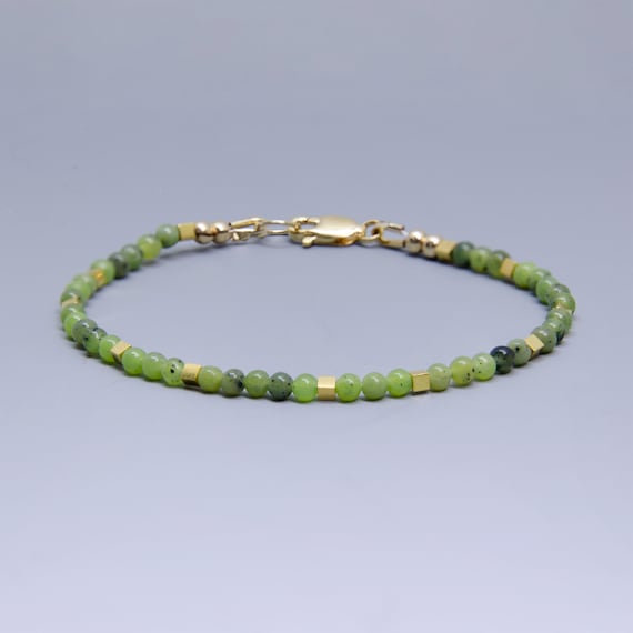 Tiny Jade Bead Bracelet w 24K Gold Vermeil Cubes 14K Gold Filled Clasp British Columbian Nephrite Jade Layering Stacking Bracelet