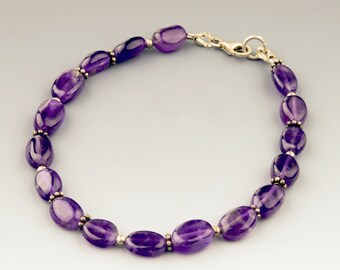 Simple Gemstone Bracelet w Oval Amethyst & 925 Sterling Silver, Handmade Amethyst Bracelet, Genuine Purple Amethysts, Natural Stone