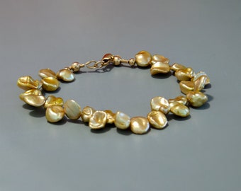 Natural Gold Keishi Pearl Bracelet w 14K Gold Filled Clasp, Real Pearl Delicate Bracelet, Small Pearls