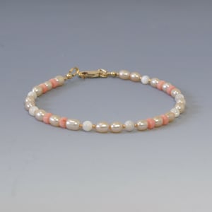 Peach Pearl Gemstone Bracelet with Japanese Pink Coral, 14K Gold Filled Clasp