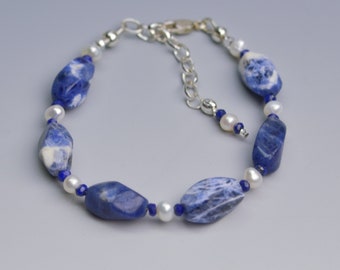 Blue and White Sodalite Bracelet with Real Pearls and 925 SIlver Adjustable Clasp, SImple Gemstone Bracelet