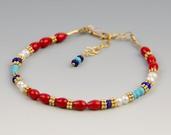 Red Coral Gemstone Bracelet: Turquoise, Lapis Lazuli, Pearl, Gold Vermeil