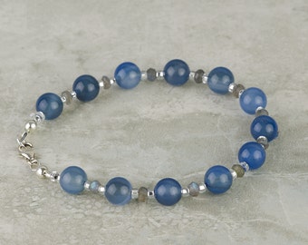 Blue Chalcedony Gemstone Bracelet w Faceted Labradorite & Sterling Silver