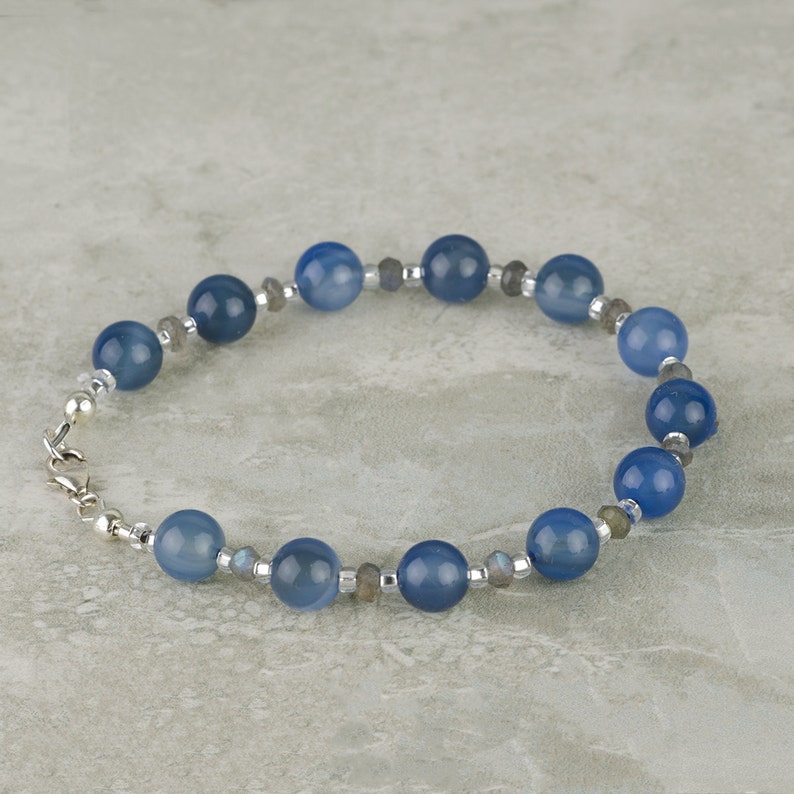 Blue Chalcedony Gemstone Bracelet w Faceted Labradorite /& Sterling Silver