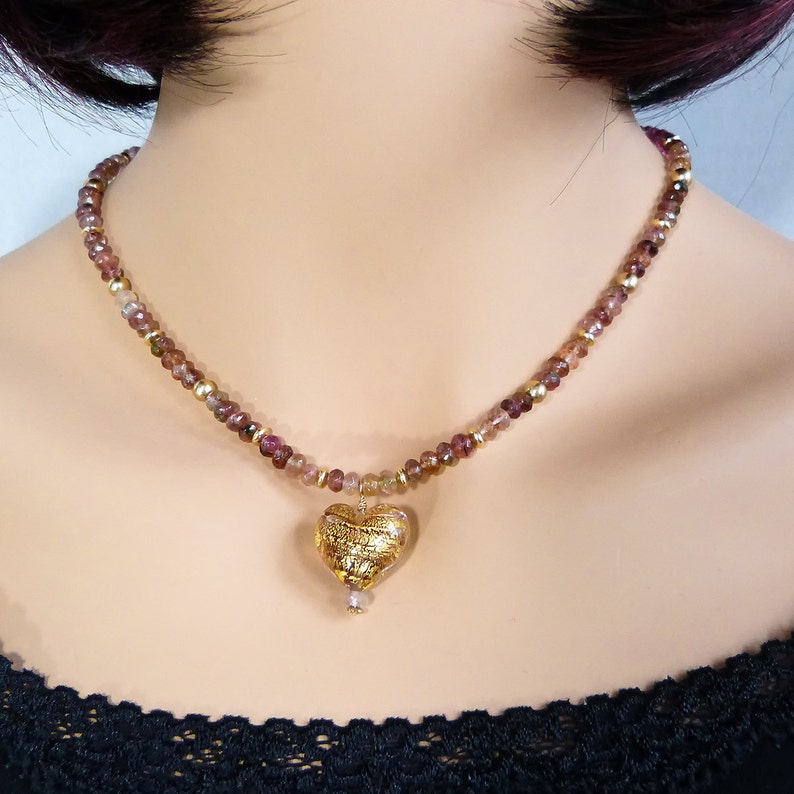 Pink Tourmaline Heart Necklace, Gem Necklace w 24K Gold Foil Venetian Glass Heart Pendant, Handmade with Natural Gemstones and Murano Glass image 4