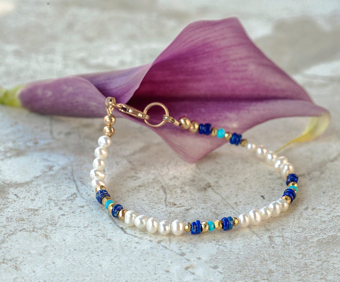 White Pearl Bracelet With Natural Lapis Lazuli Genuine - Etsy