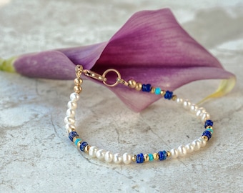 White Pearl Bracelet with Natural Lapis Lazuli, Genuine Turquoise, 14K Gold Filled Clasp