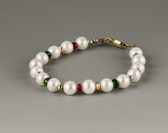 Quality Round White Cultured Pearl Bracelet w Genuine Red Rubies, Emerald Green Chrome Diopside Gems, & 14K Gold Filled Beads and Clasp
