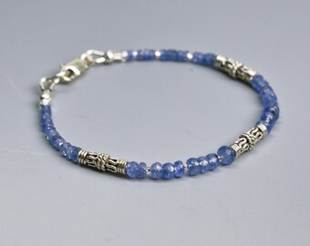 Blue Sapphire Gemstone Bracelet with 925 Sterling Silver Bali Beads and Clasp; September Birthstone Bracelet