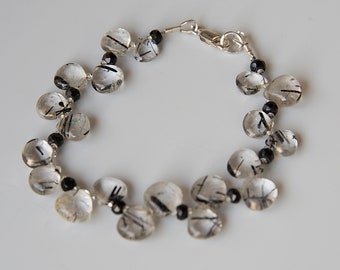 Striking Black and Clear Rutilated Quartz Briolette Bracelet with Jet Accents and Sterling Silver Clasp