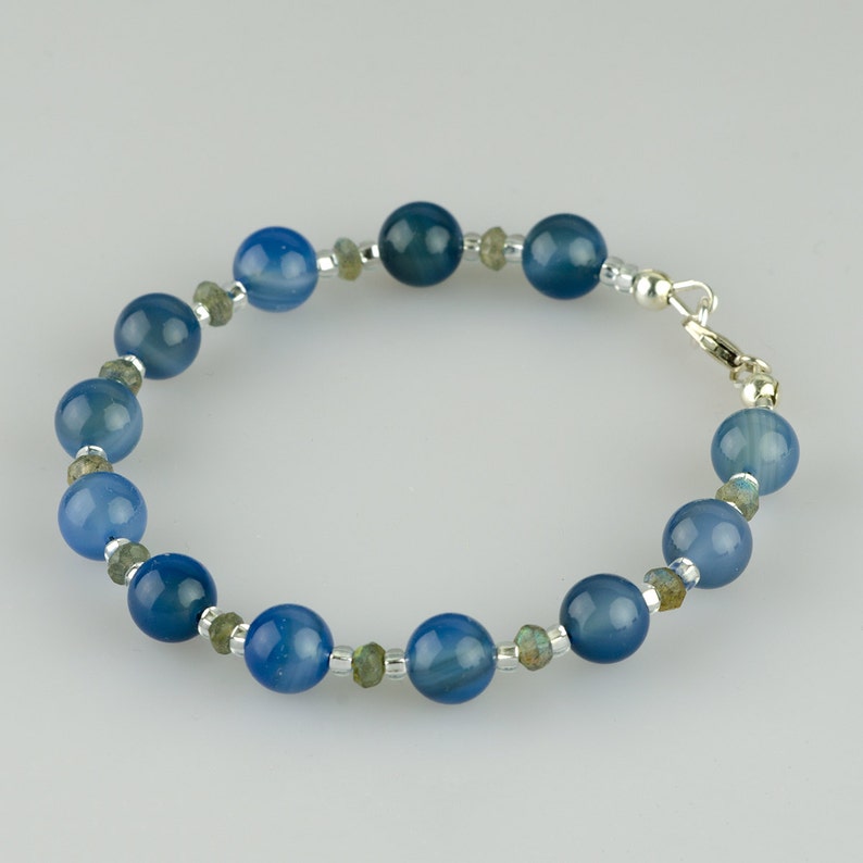 Blue Chalcedony Gemstone Bracelet w Faceted Labradorite /& Sterling Silver