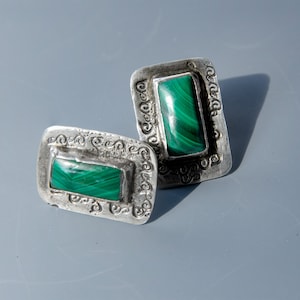 Natural Malachite Gemstone Post Earrings Set in Rustic Stamped Hypoallergenic  925 Sterling Silver, Southwestern Style