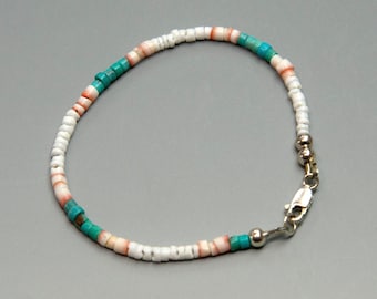 Turquoise and Spiny Oyster Heishi Bracelet, Southwestern Design, Natural Gems, Sterling Silver, Blue, Orange, & White