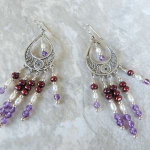 Sterling Silver Filigree Chandelier Gemstone Earrings w Amethysts and Red & White Pearls, Handmade