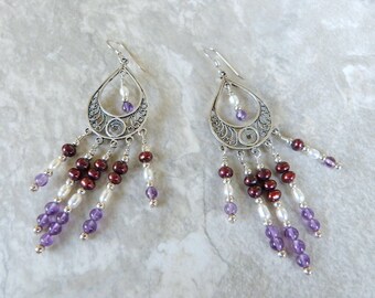 Sterling Silver Filigree Chandelier Gemstone Earrings w Amethysts and Red & White Pearls, Handmade