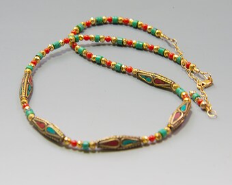 Turquoise and Coral Necklace with Nepalese Tribal Beads