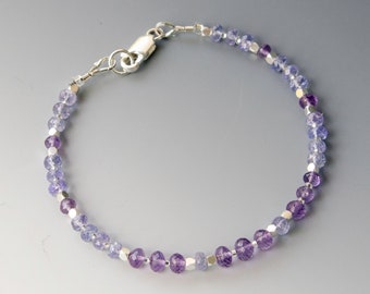 Slim Amethyst and Tanzanite Gemstone Bracelet with 925 Sterling Silver Clasp, 7 1/4 Inches