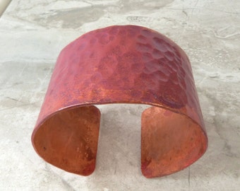 Rustic Hammered Copper Cuff Bracelet with Orange and Purple Patina, Handmade