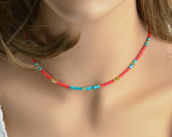 Red Coral Choker w Turquoise & Gold Pyrite, Real Gemstone Minimalist Layering Necklace