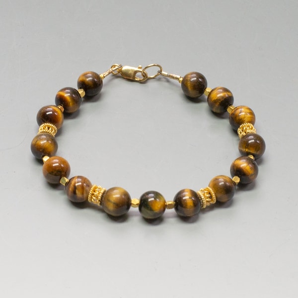 Round Golden Tiger's Eye Bracelet with Vermeil Accent Beads and 14K Gold Filled Clasp