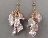 Rose Petal Pearl Cluster Earrings, Gold Wrapped Pink Keshi or Keishi Pearls, Handmade