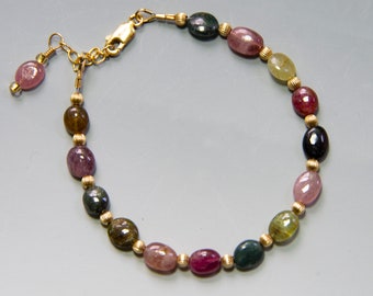 Pulsera ajustable de piedras preciosas de turmalina ovalada multicolor, llena de oro de 14 quilates