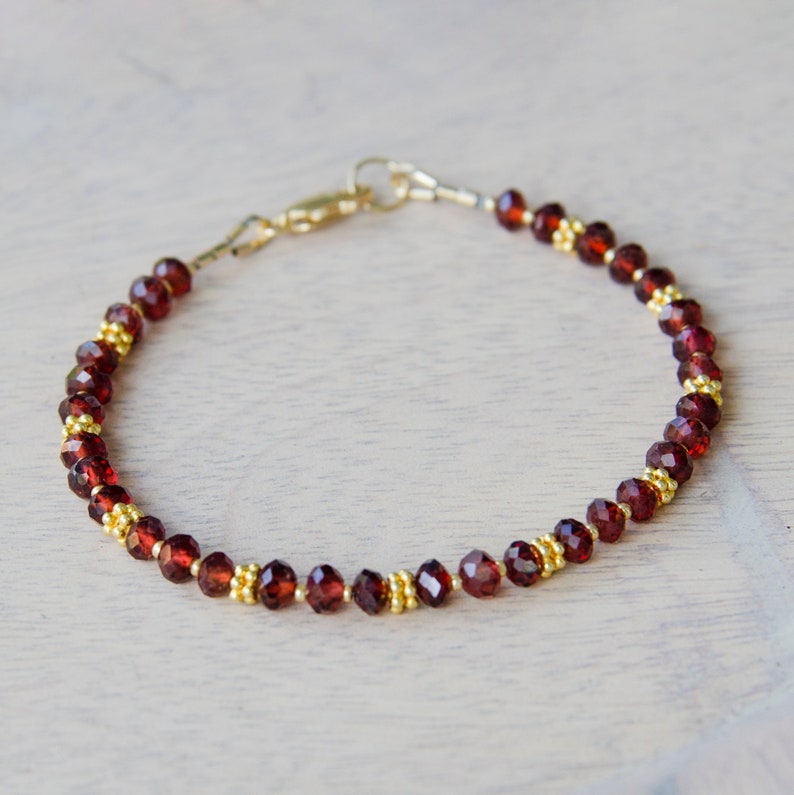 Red Garnet Gemstone Bracelet with Gold Vermeil Daisies & 14K Gold Filled Clasp, Slim Quality Gem Bracelet, January Birthstone image 5