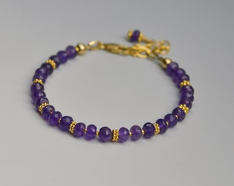 Amethyst Gemstone Bracelet w Gold Vermeil Accents & 14K Gold Filled Clasp, Adjustable