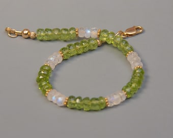 Faceted Peridot and Moonstone Bracelet w 14K Gold Filled Clasp, High Quality 5mm Stones
