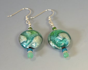 Genuine Murano Glass Earrings; Blue, Green, and Silver Swirl Earrings with Chrysoprase and Chrome Diopside Gems on Sterling Silver