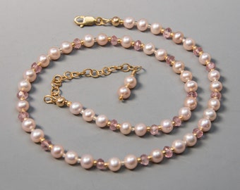 Pink Pearl Necklace with Faceted Pink Tourmaline and 14K Gold Filled Adjustable Clasp