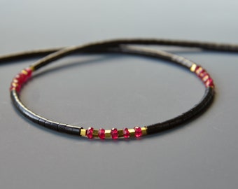 Jet Choker Necklace w Real Rubies, Gold Vermeil, and 14K Gold Filled Clasp, Short Slim Gemstone Necklace, 17 Inch Necklace