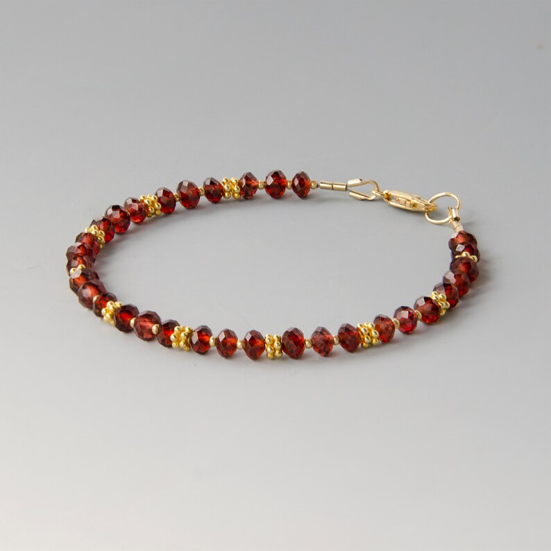 Red Garnet Gemstone Bracelet with Gold Vermeil Daisies & 14K Gold Filled Clasp, Slim Quality Gem Bracelet, January Birthstone image 1