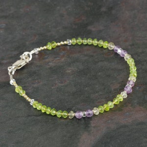 Micro Faceted Gemstone Bracelet with Genuine Peridot, Pink Amethyst, Lemon Quartz, Multicolor Bracelet, Green & Lavender, Multi Gem Bracelet