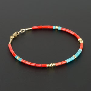 Genuine Red Coral and Blue Turquoise Heishi Bracelet with 14K Gold Fill, Handmade Real Coral Gemstone Bracelet, Multicolored Slim Bracelet