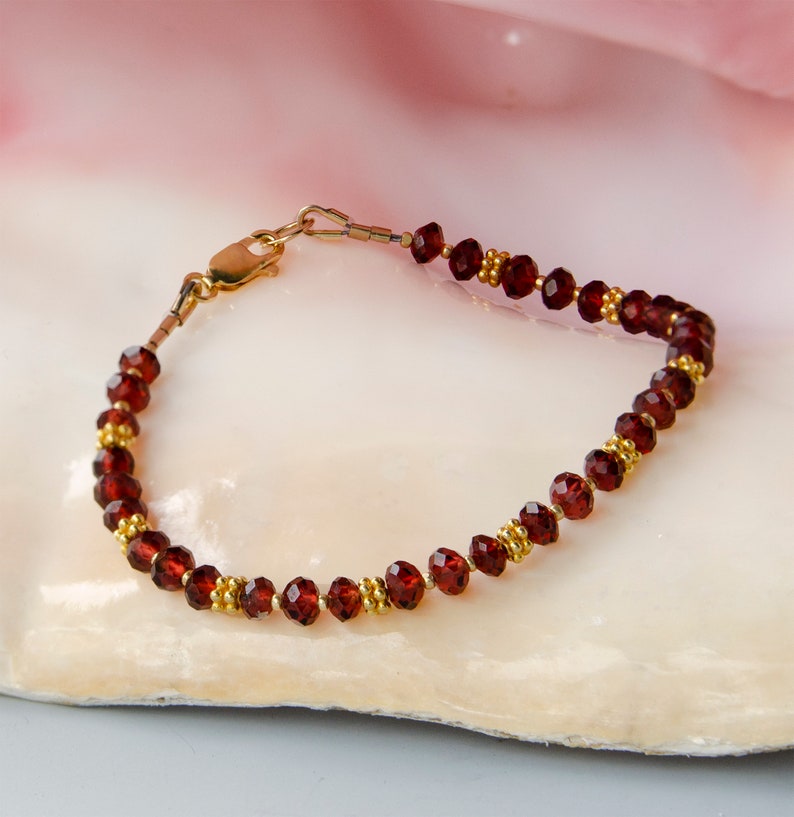 Red Garnet Gemstone Bracelet with Gold Vermeil Daisies & 14K Gold Filled Clasp, Slim Quality Gem Bracelet, January Birthstone image 4