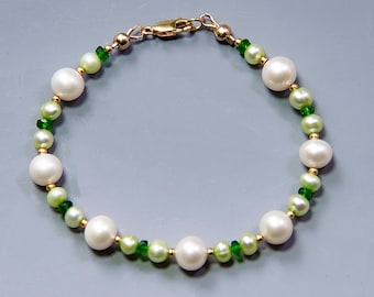 Pearl and Green Gems Bracelet with 14K Gold Filled Clasp