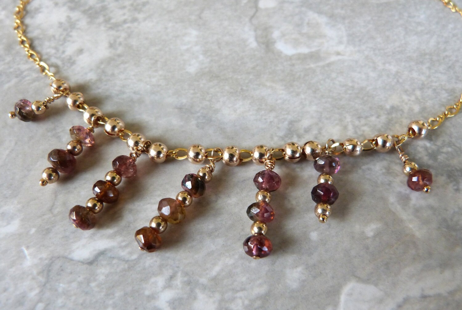Simple Pink Tourmaline Gemstone Dangle Necklace w 14K Gold Filled Beads, Chain, and Clasp