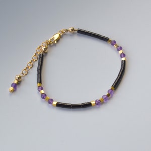 Jet and Amethyst Bracelet with Gold Vermeil Cube Beads, Adjustable