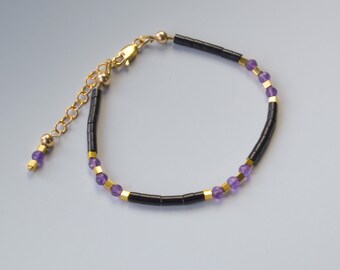 Jet and Amethyst Bracelet with Gold Vermeil Cube Beads, Adjustable