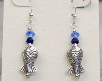 Fish Dangle Earrings, Fine Silver w Sapphires and Blue Quartz, Gemstone Earrings, Hypo Allergenic, Beach Earrings, Nautical Charm Earrings