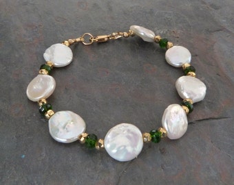 Quality White Coin Pearl & Faceted Gemstone Bracelet, Emerald Green AAA Chrome Diopside and 14K Gold Fill, Handmade, Fine Jewelry