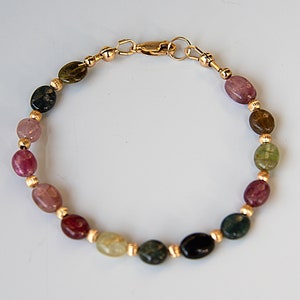 Multicolored Oval Tourmaline Gemstone Bracelet with 14K Gold Filled Beads and Clasp