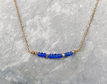 Sapphire Blue Gemstone Bar Necklace with 14K Gold Filled Chain & Clasp, Handmade Gemstone Layering Necklace, Simple Necklace, Gem Necklace