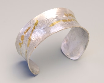 Sterling Silver Cuff Bracelet with Light Patterning, 24K Gold Keum Boo A ccents, and Slight Anticlastic Curve for Comfort