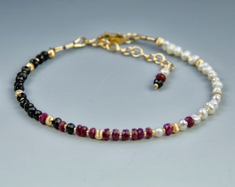 Ruby Spinel & Pearl Bracelet, 14K Gold Filled Natural Gemstone Ombre Bracelet